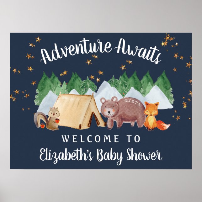 Affiche Baby shower de nuit Rustique Woodland Animaux (Devant)