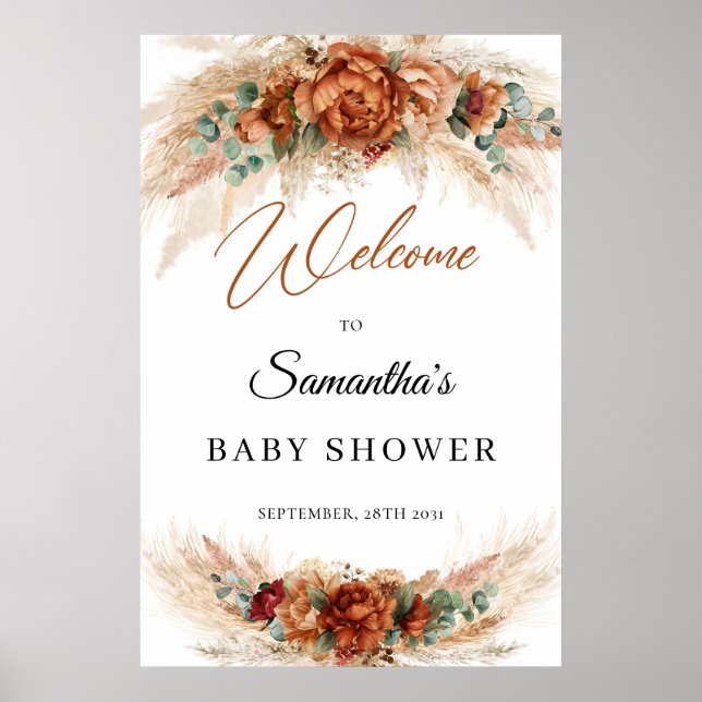 Affiche Baby shower de pampas à fleurs en terre cuite trop (Devant)