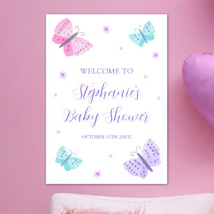 Affiche Baby shower de papillons d'eau rose violet