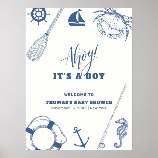 Affiche Baby shower de pêche nautique minimaliste Bienvenu (Devant)