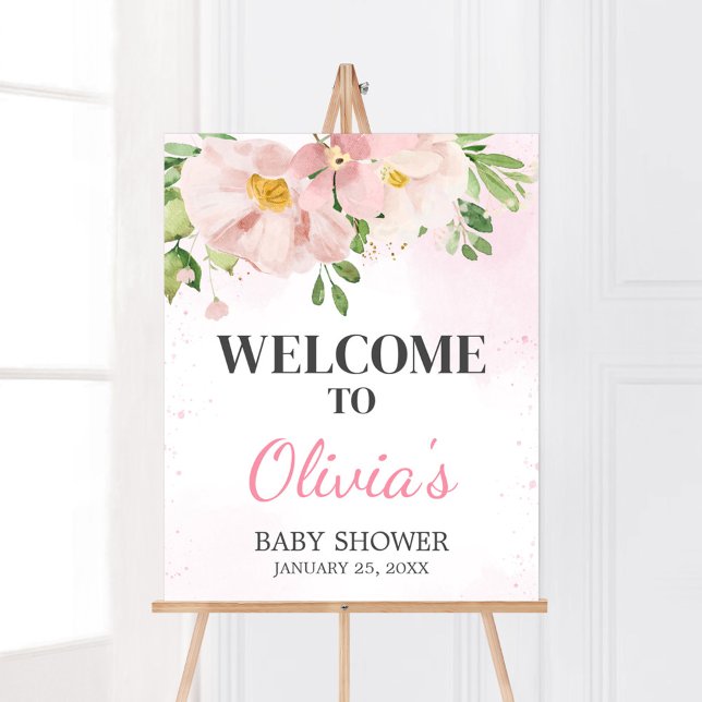 Affiche Baby shower de printemps rose vif Bienvenue (Blush Pink Spring Floral Baby Shower Welcome Sign)