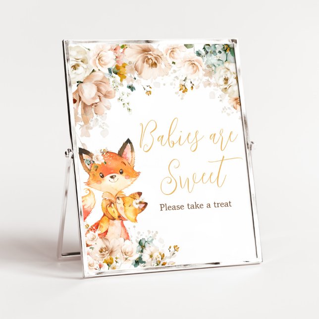 Affiche Baby shower de renard floral de bois Les bébés son (Fox Baby Shower Babies are Sweet Sign)