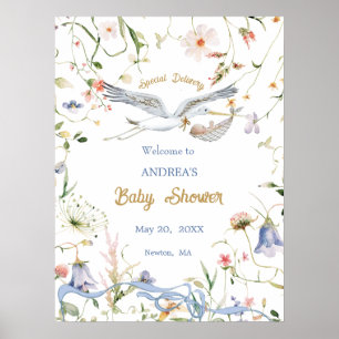 Affiche Baby shower de ruban Fleur sauvage Stork Bienvenue