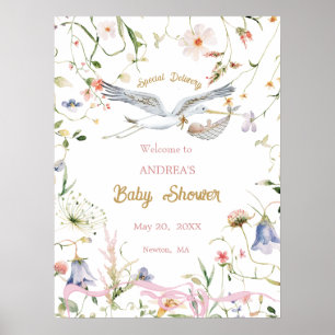 Affiche Baby shower de ruban Fleur sauvage Stork Bienvenue