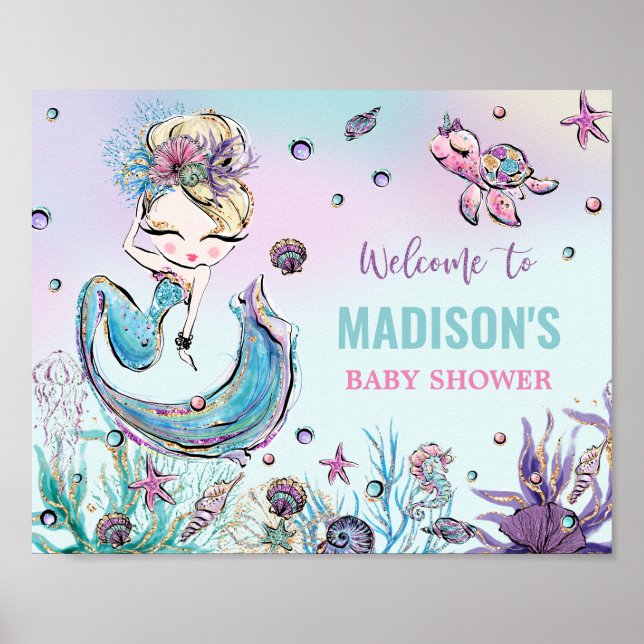 Affiche Baby shower de sirène de Blonde sous la mer Bienve (Devant)