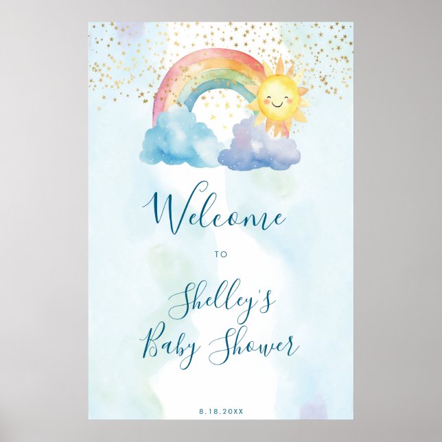 Affiche baby shower de soleil arc-en-ciel mignon signe de  (Devant)