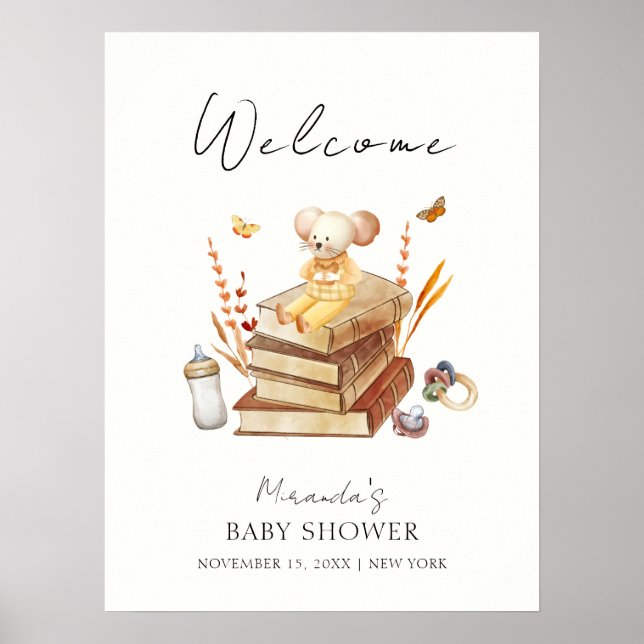 Affiche Baby shower de souris de livres neutres pour les f (Devant)
