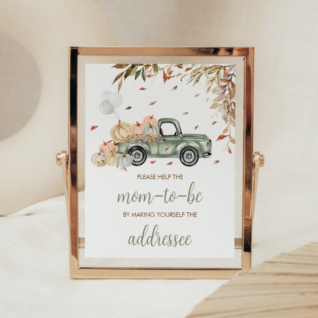 Affiche Baby shower de station Citrouille de camion vert (Little Pumpkin Green Truck Baby Shower Envelope Station Sign)