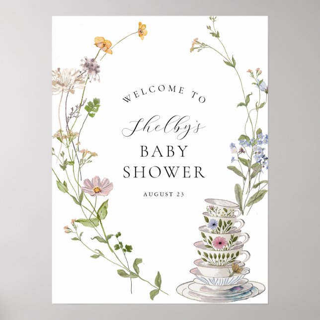 Affiche Baby shower de thé fleur sauvage Bienvenue (Devant)