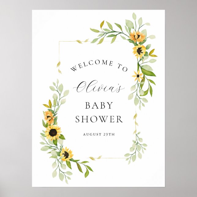 Affiche Baby shower de tournesol et verdure Bienvenue (Devant)