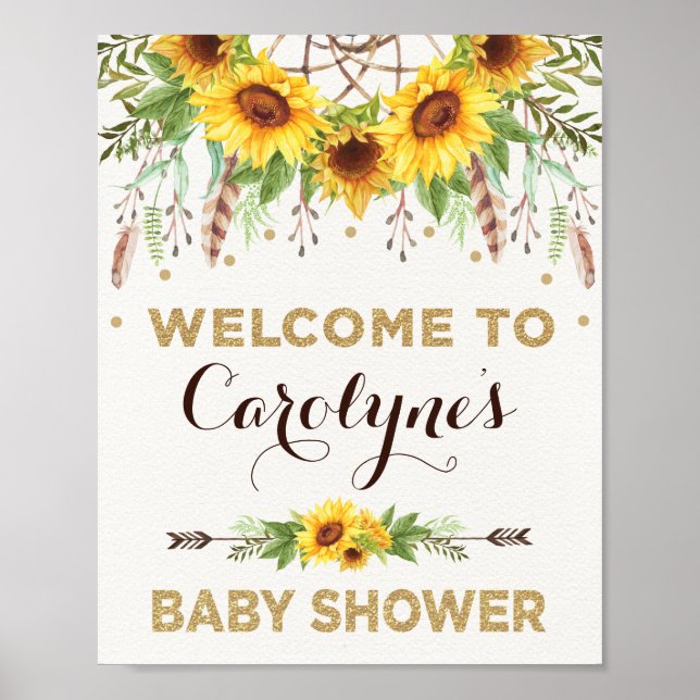 Affiche Baby shower de tournesols Rustique Boho Bienvenue (Devant)