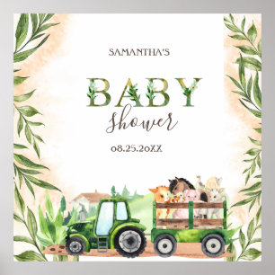 Affiche Baby shower de tracteur pour animaux de ferme aqua
