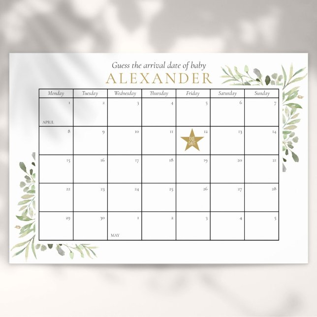 Affiche Baby shower De Verdure Devinez Le Jeu Date D'Échéa (Greenery Baby Shower Guess The Due Date Game Poster)