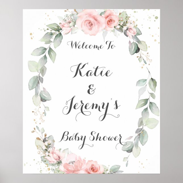Affiche Baby shower de verdure rose doux Bienvenue (Devant)