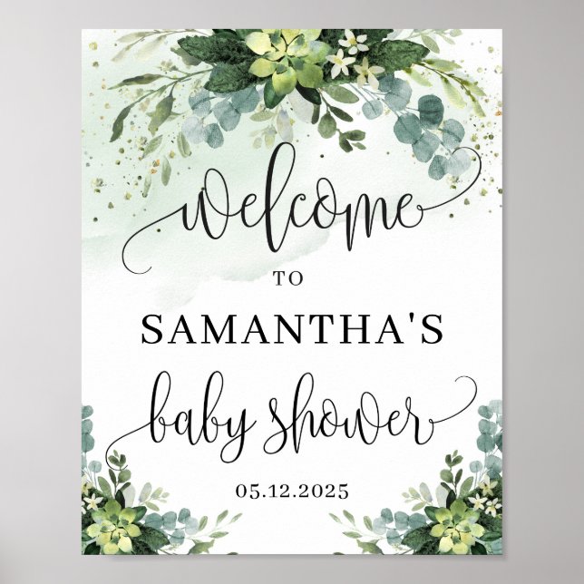 Affiche Baby shower de verdure succulent signe de bienvenu (Devant)
