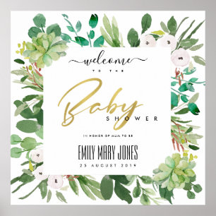 AFFICHE BABY SHOWER D'EAU DE COULEUR FOLIAGE SUCCULTE BIEN