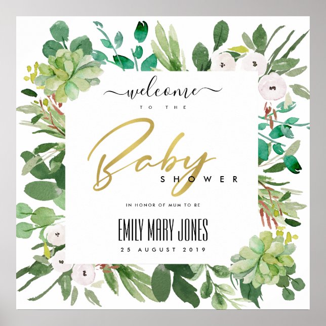AFFICHE BABY SHOWER D'EAU DE COULEUR FOLIAGE SUCCULTE BIEN (Devant)