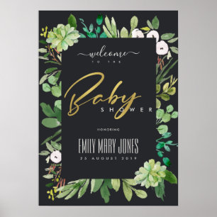 AFFICHE BABY SHOWER D'EAU DE COULEUR FOLIAGE SUCCULTE BIEN