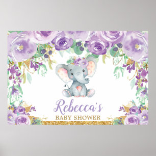 Affiche Baby shower d'éléphant floral pourpre
