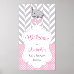 Affiche Baby shower d'éléphant rose, blanc et gris