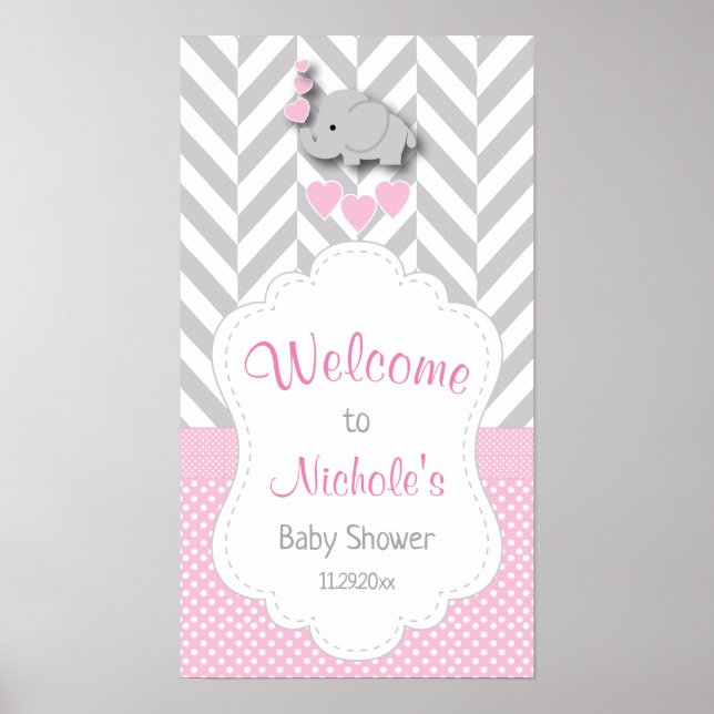 Affiche Baby shower d'éléphant rose, blanc et gris (Devant)