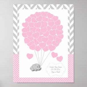 Affiche Baby shower d'éléphant rose, blanc, gris 2 - Invit