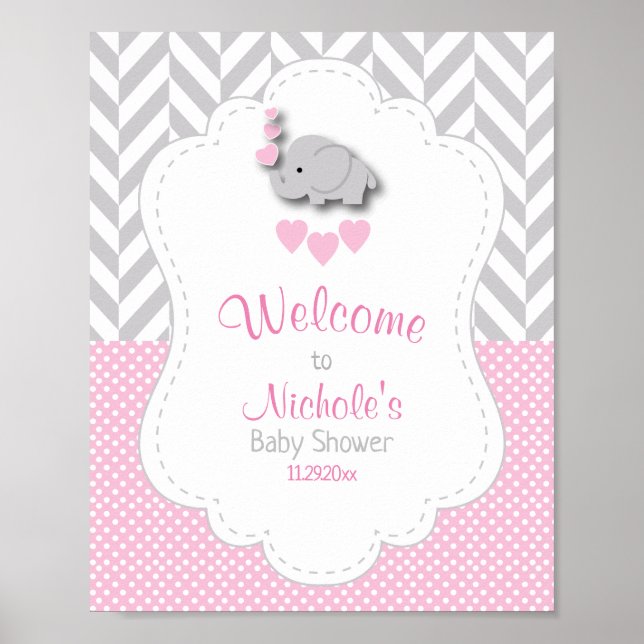 Affiche Baby shower d'éléphant rose et gris blanc (Devant)