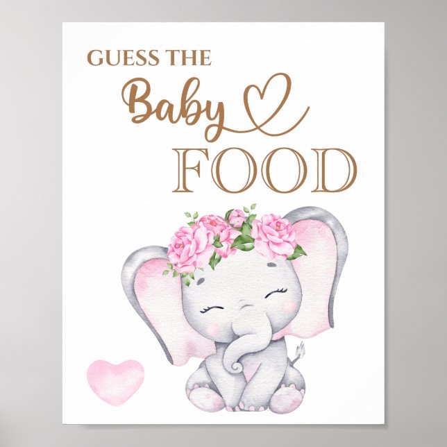 Affiche Baby shower d'éléphant rose Guess the Baby Food (Devant)