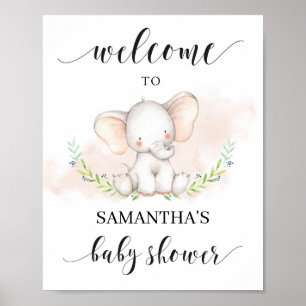 Affiche Baby shower d'éléphant rose signe de bienvenue 8x1