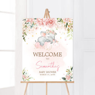 Affiche Baby shower d'éléphants floraux rose Bienvenue
