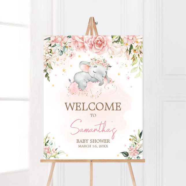 Affiche Baby shower d'éléphants floraux rose Bienvenue (Pink Floral Sleeping Elephant Baby Shower Welcome Sign)