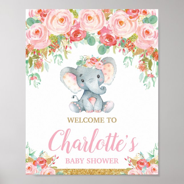 Affiche Baby shower d'éléphants floraux rose pâle Bienvenu (Devant)