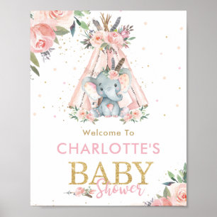 Affiche Baby shower d'éléphants floraux rose Tribal Bienve