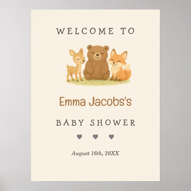 Affiche Baby shower des animaux de bois Bienvenue (Devant)