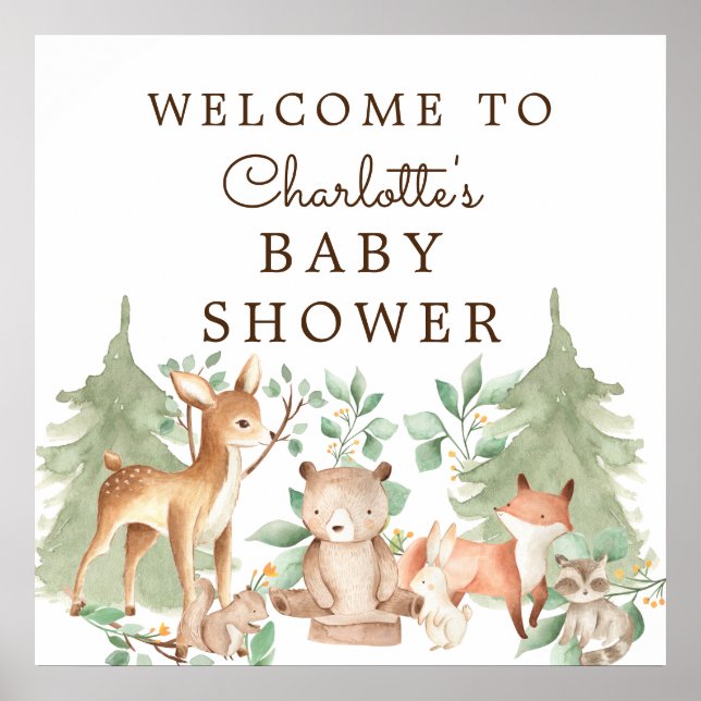 Affiche Baby shower des animaux de bois Bienvenue (Devant)