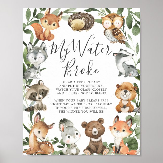 Affiche Baby shower des animaux de bois Mon eau Broke (Devant)