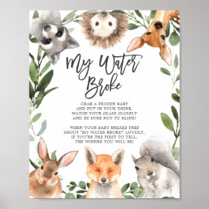 Affiche Baby shower des animaux de bois Mon eau Broke Sign