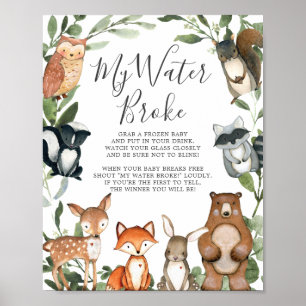 Affiche Baby shower des animaux de bois Mon eau Broke Sign