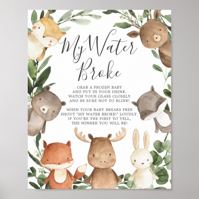 Affiche Baby shower des animaux de bois Mon eau Broke Sign (Devant)