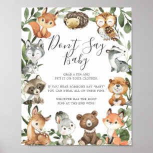 Affiche Baby shower des animaux de bois ne pas dire signe 