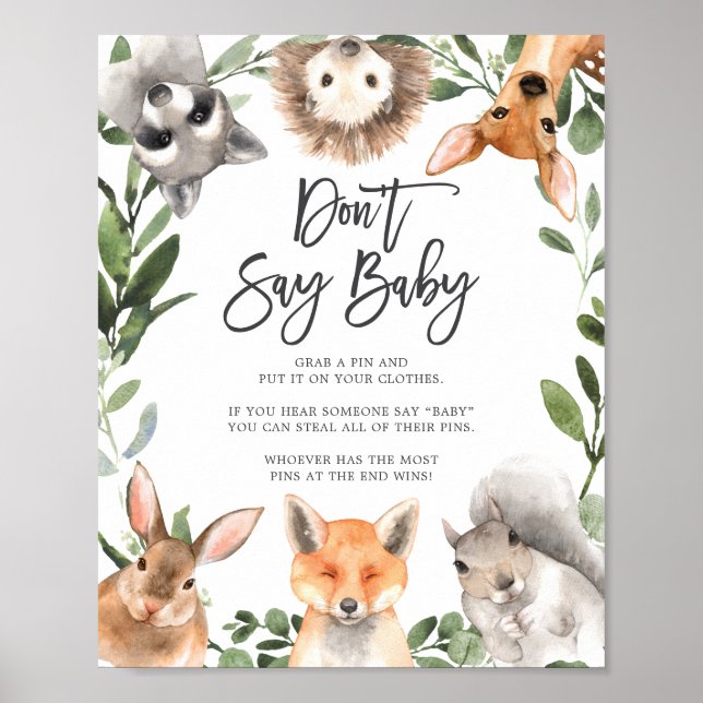 Affiche Baby shower des animaux de bois ne pas dire signe  (Devant)