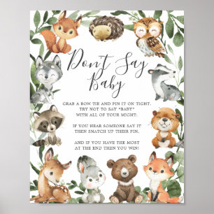 Affiche Baby shower des animaux de bois ne pas dire signe 