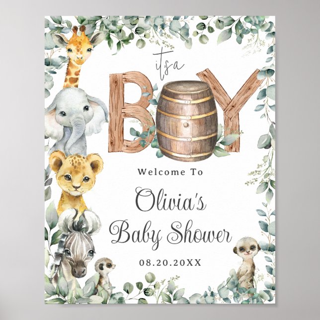 Affiche Baby shower des animaux de la Jungle verdoyante Bi (Devant)
