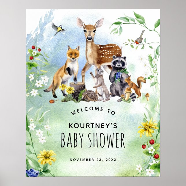 Affiche Baby shower des animaux forestiers de bois Bienven (Devant)