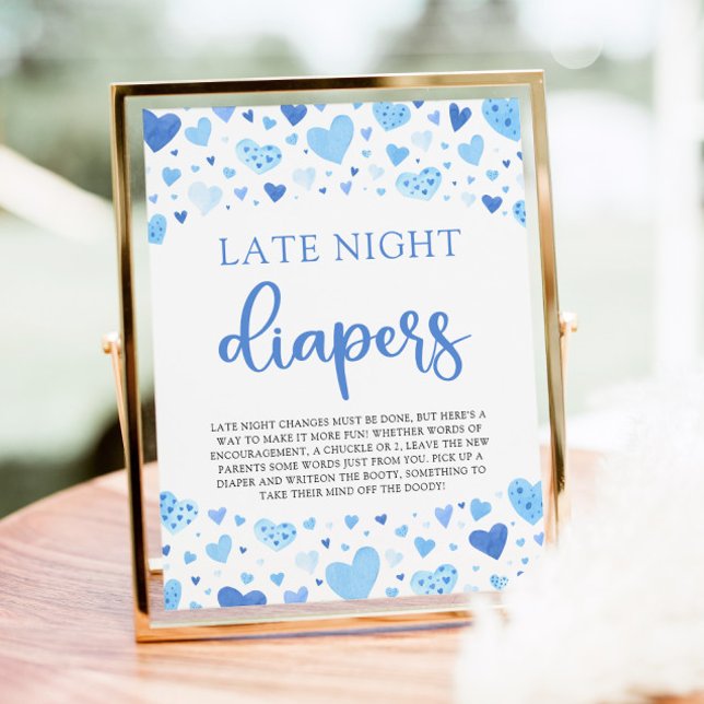 Affiche Baby shower des Diapeurs de nuit de la Saint Valen (Watercolor Cute Blue Hearts Valentine Sweetheart Baby Boy Late Night Diapers Baby Shower Game Sign)
