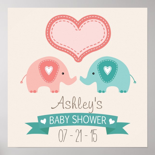 Affiche Baby shower des éléphants roses et Turquoises jume (Devant)