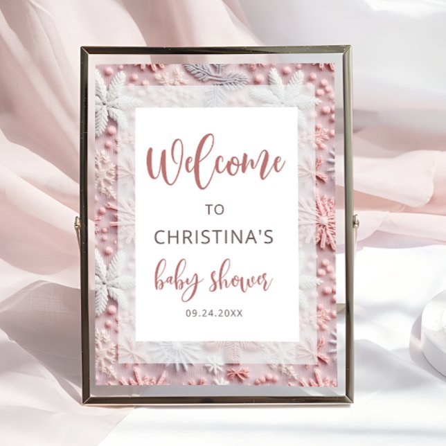 Affiche Baby shower des flocons d'argent rose hiver Bienve (Créateur téléchargé)