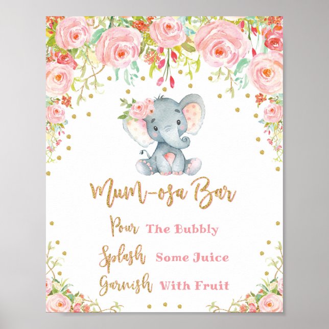 Affiche Baby shower des panneaux floraux rose Mimosa Mumos (Devant)