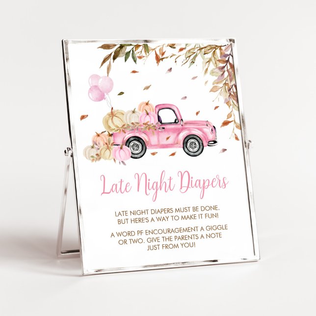 Affiche Baby shower des plongeurs de nuit citrouille Pink  (Little Pumpkin Pink Truck Baby Shower Late Night Diapers Sign)