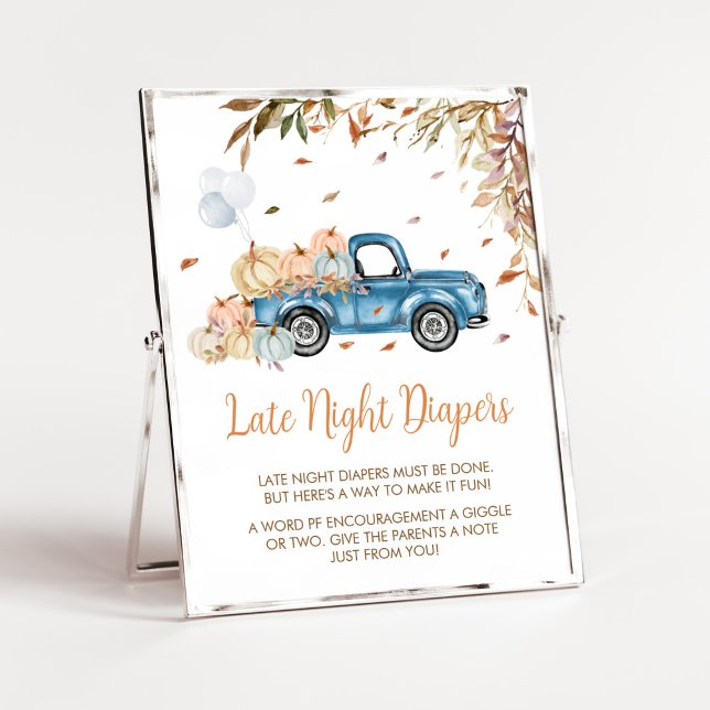 Affiche Baby shower des plongeurs de nuit du Citrouille Bl (Boy Little Pumpkin Truck Baby Shower Late Night Diapers Sign)